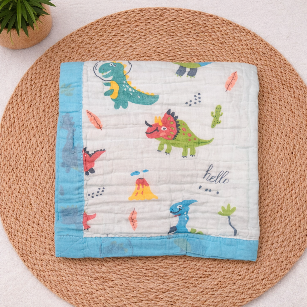 100% Cotton Muslin Baby Blanket 6 Layer Soft Blanket Muslin Blanket for Kids Baby Infants -BLUE DINO  MMB1495-GSCODE:NBE